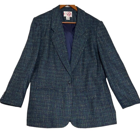 Vintage Ready To Wind Down Women Blazer L Navy Tweed Wool 1Front & 3 Cuff Button